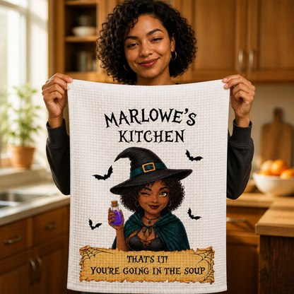 You’re Going in the Soup Personalized Kitchen Towel – Custom Photo Witch Halloween Tea Towel, Funny Spooky Kitchen Decor Gift for Her mockup-held-6a98eaacbe65ed27b317c1a2.png