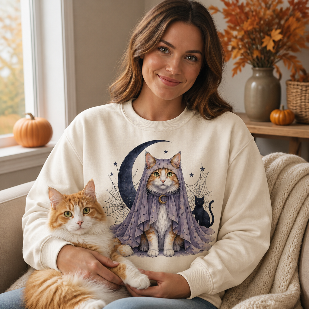 Personalized Cat Halloween Sweatshirt – Custom Pet Photo Ghost Cat Shirt, Watercolor Witchy Moon & Spider Web, Spooky Season Gift for Cat Mom mockup-held-6a98f02ea0d718ff990ffebc.png