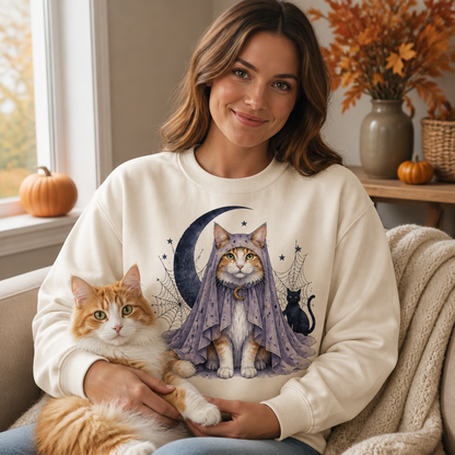 Personalized Cat Halloween Sweatshirt – Custom Pet Photo Ghost Cat Shirt, Watercolor Witchy Moon & Spider Web, Spooky Season Gift for Cat Mom mockup-held-6a98f02ea0d718ff990ffebc.png