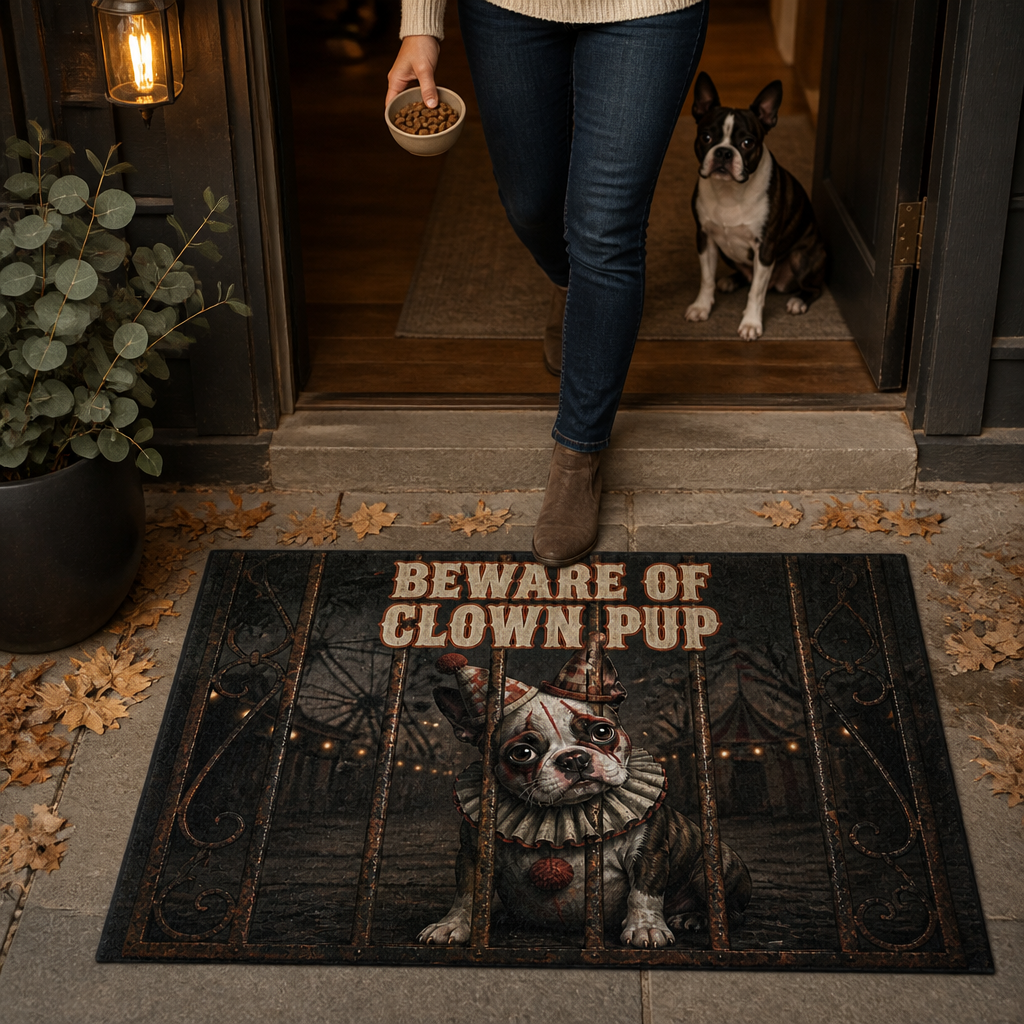 Beware Of Clown Pup – Personalized Photo Doormat – Halloween Gift mockup-held-6a98f0b17c480be45fa7be53.png