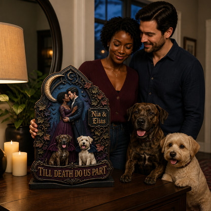 Till Death Do Us Part – Personalized Photo With Pet 2-Layer Standing Wooden Plaque – Halloween Gift For Couple mockup-held-6a991ba3c7f3aecd28e2ad1d.png
