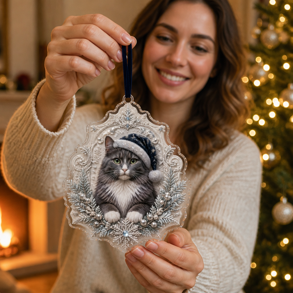 Personalized Cat Christmas Ornament – Custom Pet Photo Acrylic Ornament, Elegant Santa Hat Cat with Snowflake & Pearl, Cat Lover Memorial Keepsake Gift mockup-held-6a9a6db63e57c4bb9b9b1f53.png