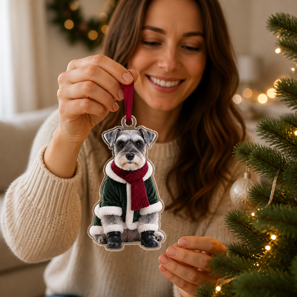 Personalized Dog Christmas Ornament – Custom Pet Photo Acrylic Shaped Ornament, Dog in Santa Coat & Scarf, Funny Dog Lover Keepsake Gift mockup-held-6a9a6ea8d258945ccc56151c.png