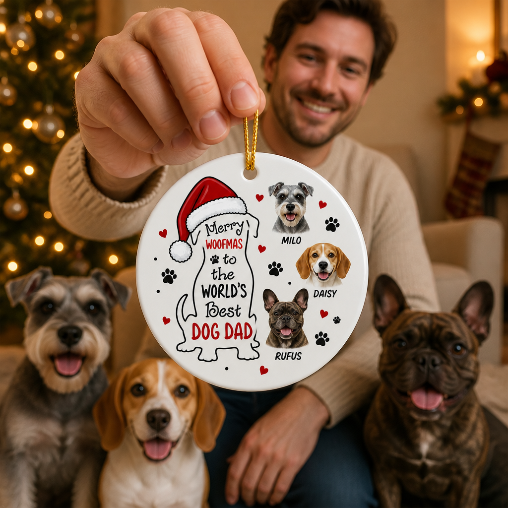 Merry Woofmas Dog Dad Ornament – Custom Ornament with Pet Photos & Names mockup-held-6a9b85949e39e378918440a3.png