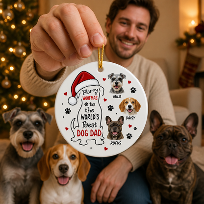 Merry Woofmas Dog Dad Ornament – Custom Ornament with Pet Photos & Names mockup-held-6a9b85949e39e378918440a3.png