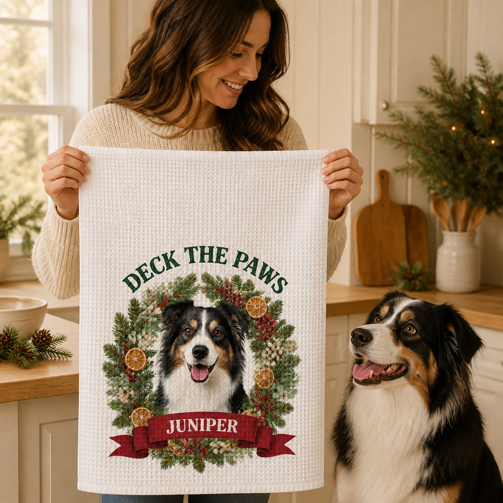 Deck the Paws – Personalized Photo Kitchen Towel – Christmas Gift mockup-held-6a9b85c69e39e378918440a5.png