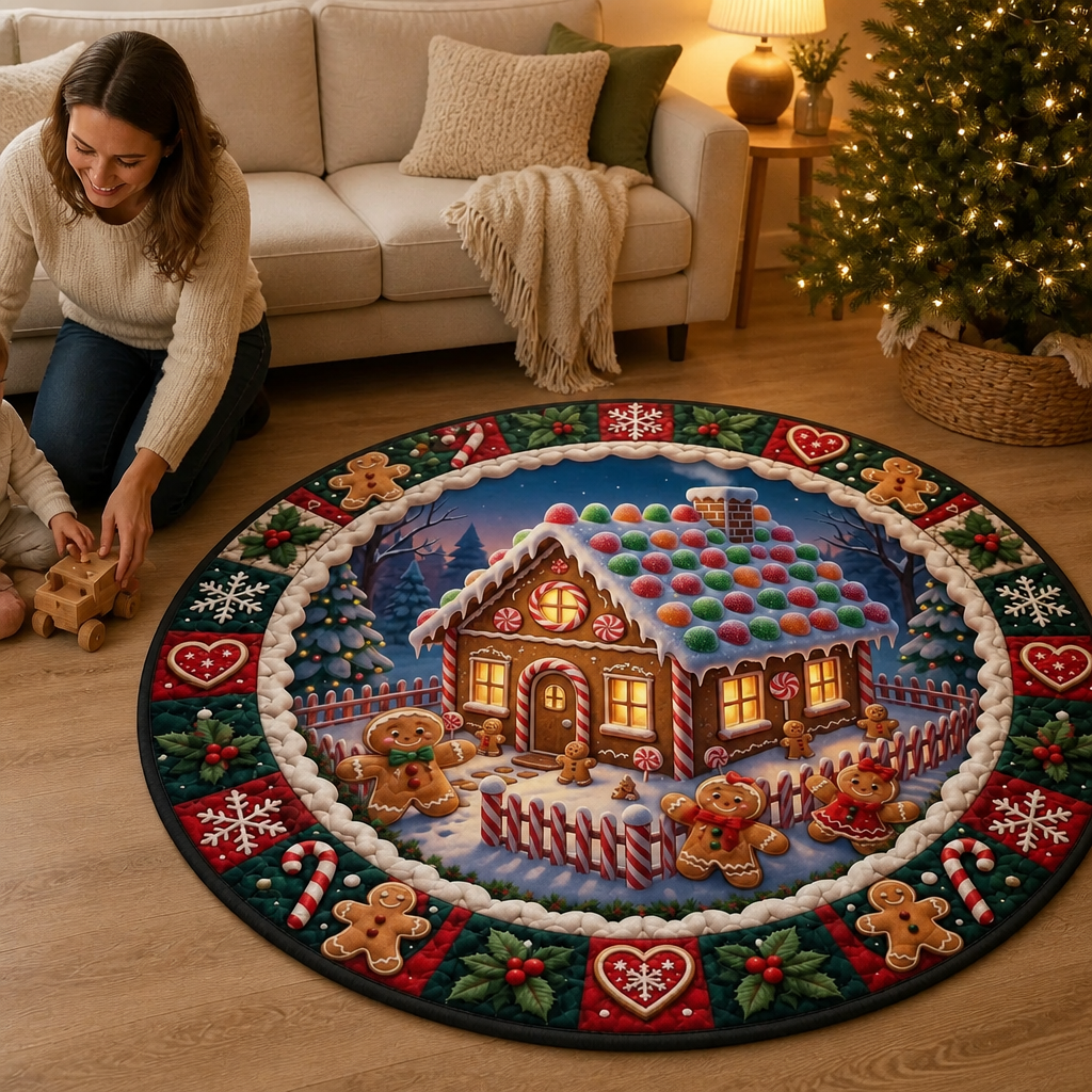 Gingerbread House Christmas Round Rug – Cozy Quilted-Look Holiday Mat mockup-held-6ab09eee4088d19bae0d03cb.png