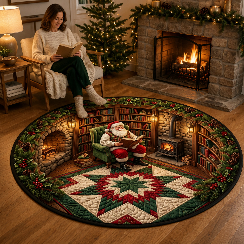 Santa's Reading Nook Rug – 3D Cozy Library Round Christmas Mat mockup-held-6ab0a3957a97e619b0637743.png