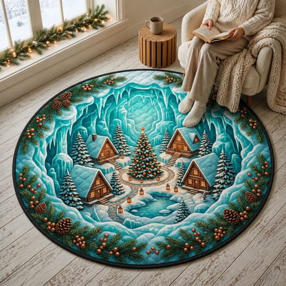 Ice Cave Village Rug – 3D Winter Wonderland Round Christmas Mat mockup-held-6ab0b721289b5e9e6f205f61.png