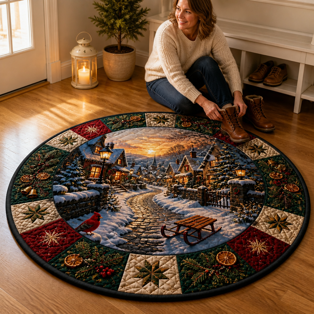 Winter Village Rug – Vintage Quilted-Look Round Christmas Mat mockup-held-6ab34d9a6a247857113619c4.png