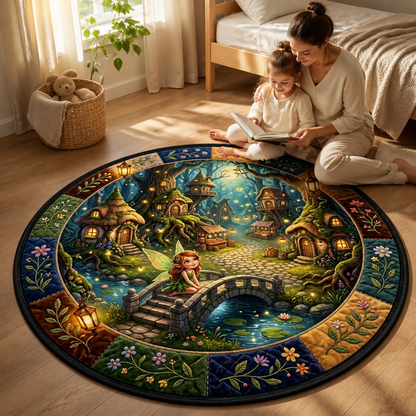 Enchanted Fairy Forest Quilted Carpet – Magical Woodland Village Round Area Rug mockup-held-6ab358ceb65b93ee310dc3f2.png
