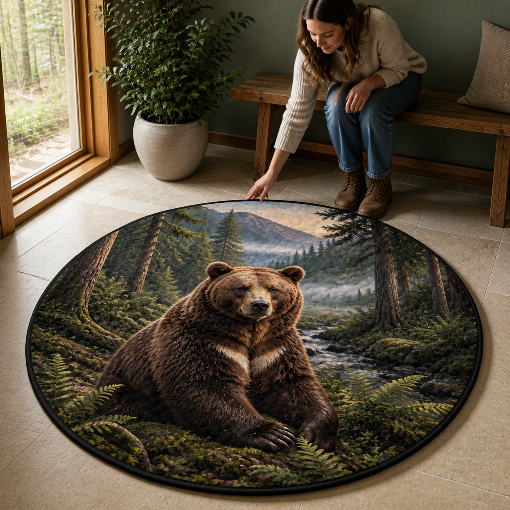 Majestic Grizzly Bear Quilted Carpet – Mountain Forest Wildlife Round Rug mockup-held-6ab35943b65b93ee310dc3f4.png