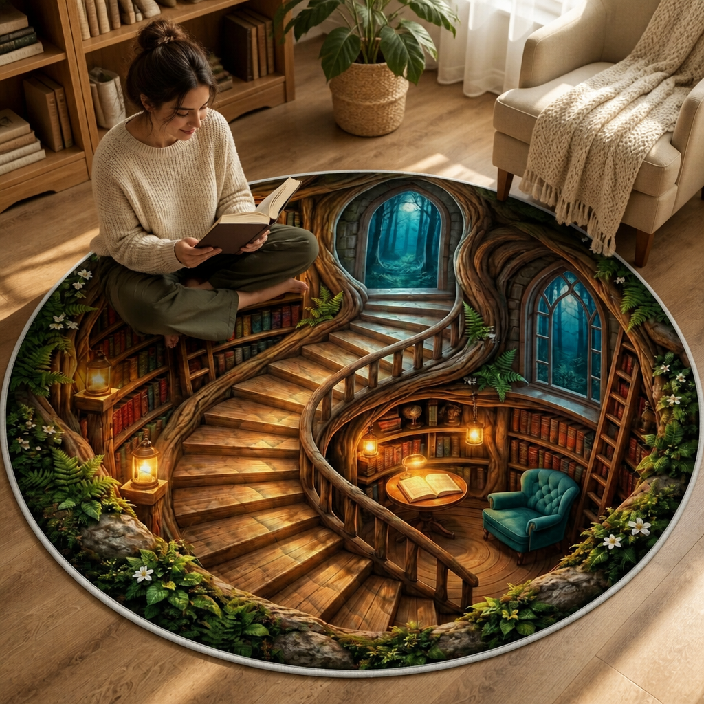 Enchanted Forest Library Quilted Carpet – Magical Treehouse Reading Nook Round Area Rug mockup-held-6ab359aab65b93ee310dc3f5.png