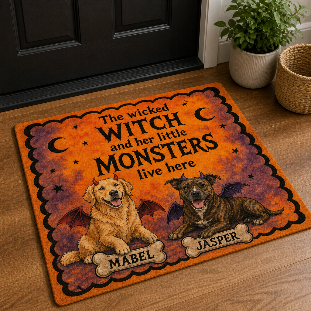 The wicked WITCH and her little MONSTERS live here – Personalized Photo Doormat – Halloween Gift mockup-product-6a7e88e8fb5b77f341a3ee76.png