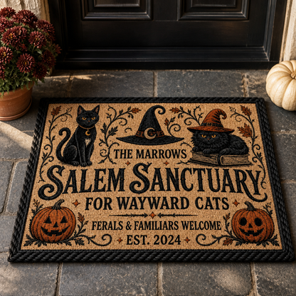 Salem Sanctuary – Personalized Family Name Halloween Doormat – Black Cat Home Decor, Gift mockup-product-6a7ec10283b698223e09456b.png