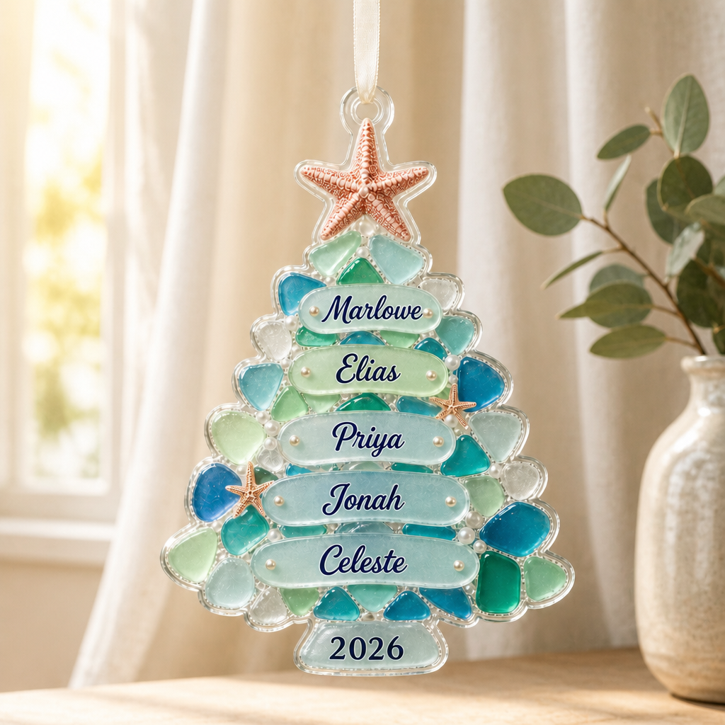Personalized Sea Christmas Tree Ornament – Custom Family Names Acrylic Keepsake mockup-product-6a7ec1a983b698223e09456e.png