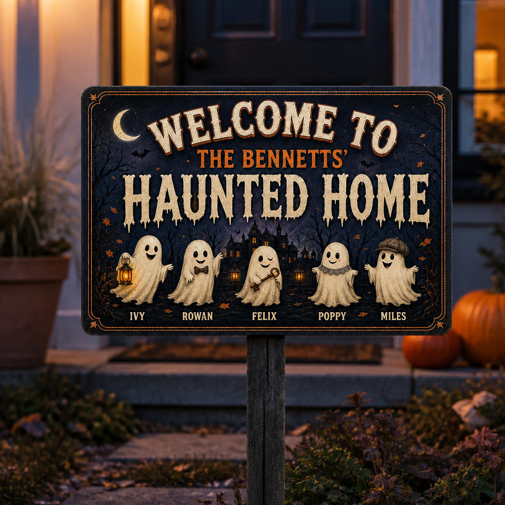 Welcome to Our Haunted Home – Personalized Family Ghost Metal Sign – Halloween Decor mockup-product-6a7ec226499642cfece3a2e8.png