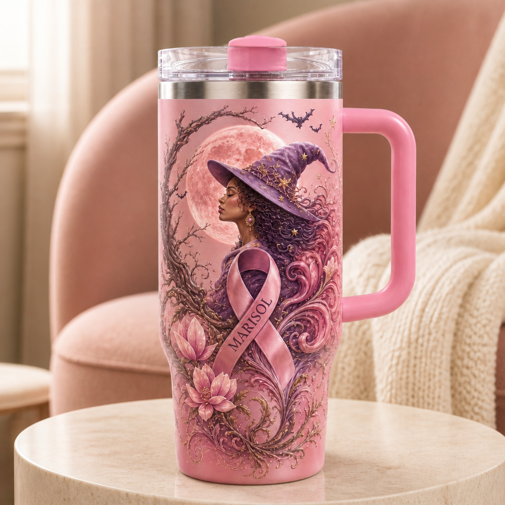 Personalized Pink Witch Breast Cancer Awareness 40oz Tumbler – Custom Name Halloween Gift mockup-product-6a81e3668a8da44192a21add.png