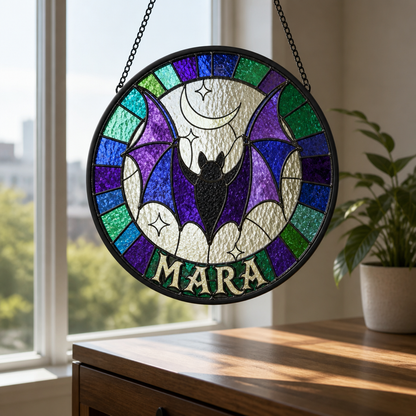 Custom Name Halloween Bat Suncatcher - Personalized Stained Glass Decoration - Halloween Gift mockup-product-6a8293d3d2a44ea0d6997354.png