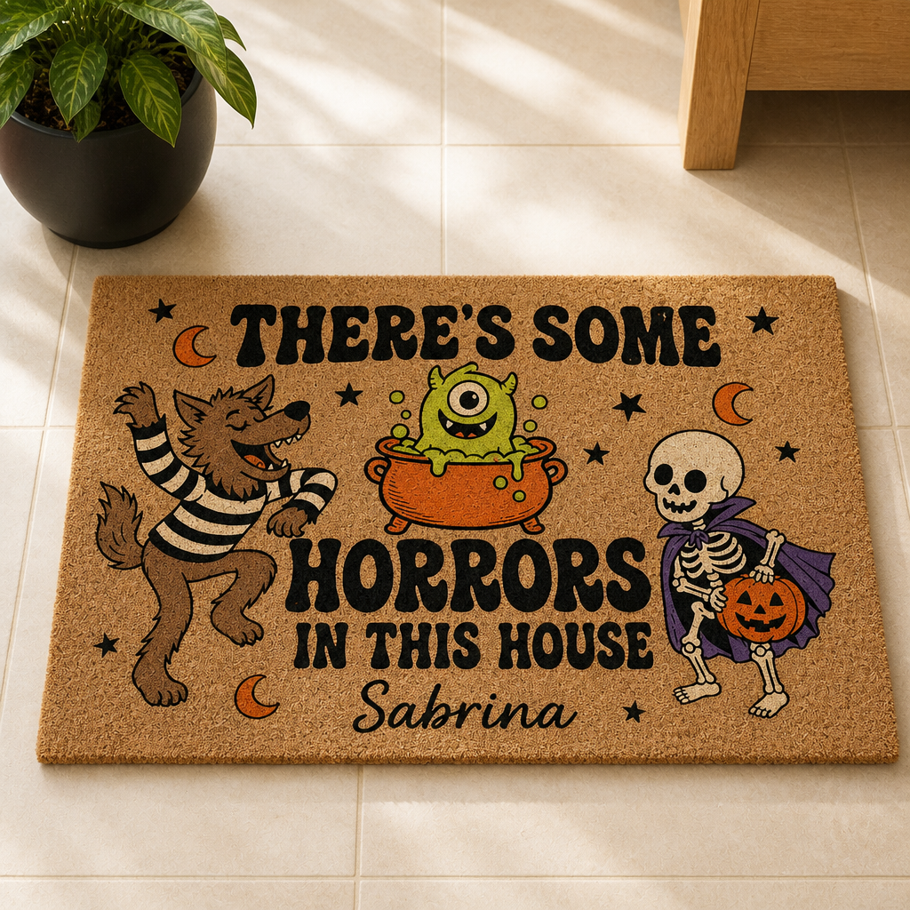 Theres Some Horrors in This House - Personalized Funny Halloween Doormat – Halloween Gift For Family, Friends mockup-product-6a82abaa319628b11ce31bc1.png