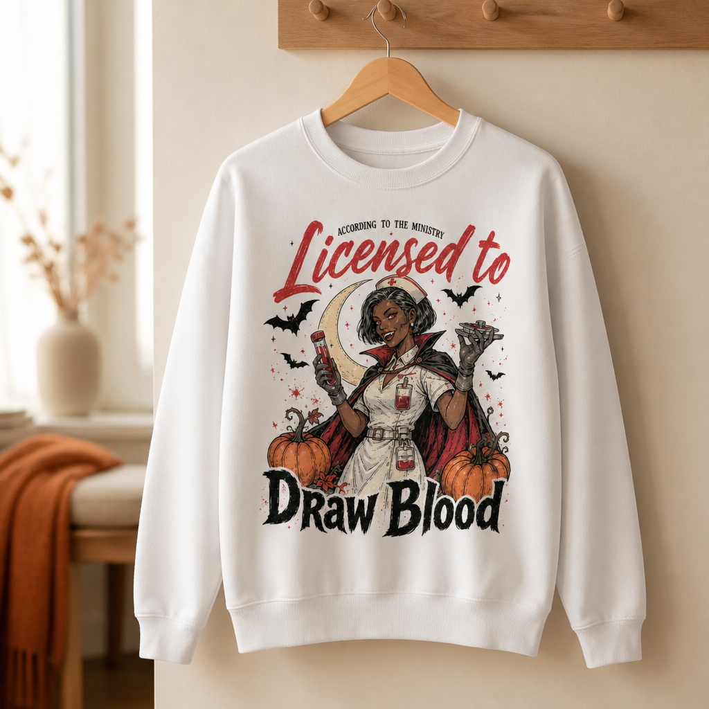 Licensed to Draw Blood Nurse Sweatshirt – Funny Vampire Nurse Halloween Sweater for Spooky Season mockup-product-6a8663e6e73d3a4e713e1b1a.png