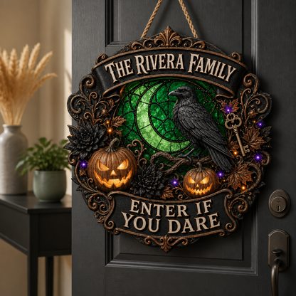 Personalized Raven Halloween Wood Sign – Custom Family Name Gothic Door Hanger, Enter If You Dare Decor mockup-product-6a8663f35dfdfd133e261caf.png