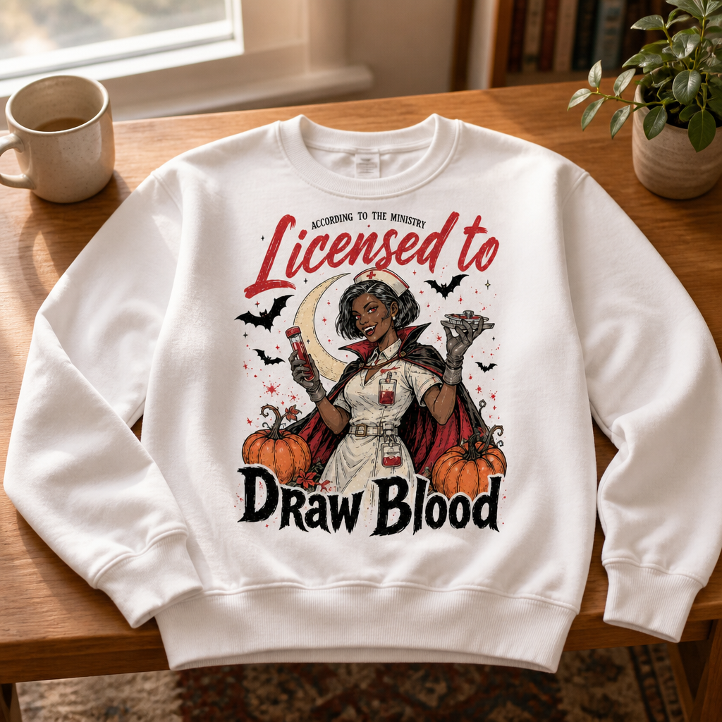 Licensed to Draw Blood Nurse Sweatshirt – Funny Vampire Nurse Halloween Sweater for Spooky Season mockup-product-6a8664e65dfdfd133e261cb4.png