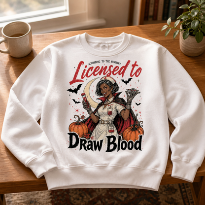 Licensed to Draw Blood Nurse Sweatshirt – Funny Vampire Nurse Halloween Sweater for Spooky Season mockup-product-6a8664e65dfdfd133e261cb4.png
