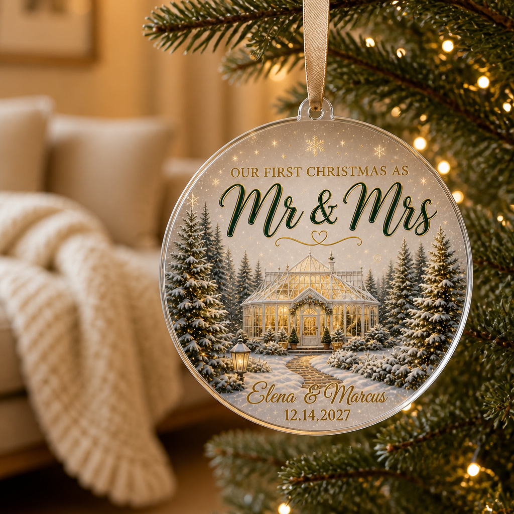 OUR FIRST CHRISTMAS AS Mr & Mrs – Personalized Transparent Acrylic Ornament – Christmas Gift mockup-product-6a8666a672af997c00f3d505.png