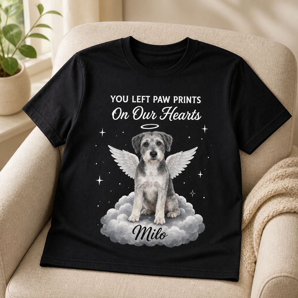 You Left Paw Prints – Personalized Photo T-shirt – Memorial Gift mockup-product-6a8666d3184038a4638fc35b.png