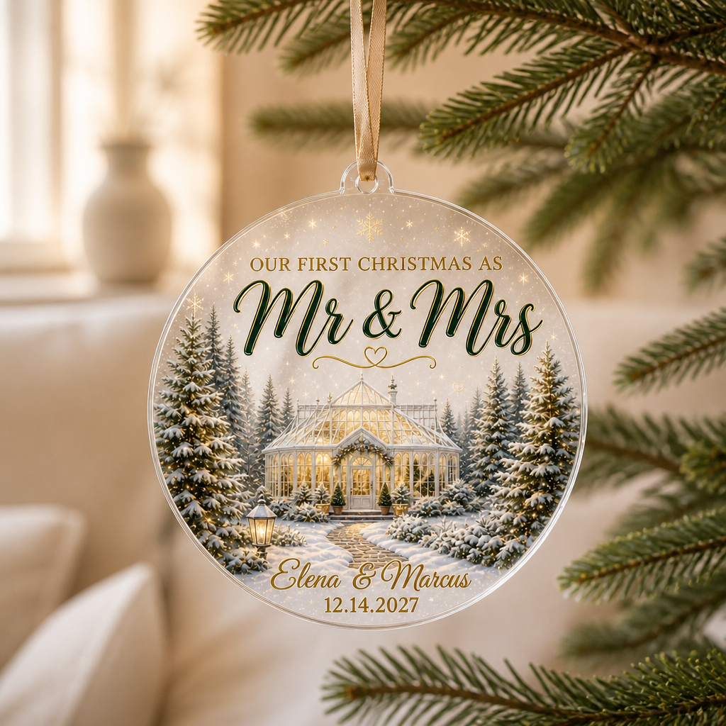 OUR FIRST CHRISTMAS AS Mr & Mrs – Personalized Transparent Acrylic Ornament – Christmas Gift mockup-product-6a8667dbe73d3a4e713e1b26.png