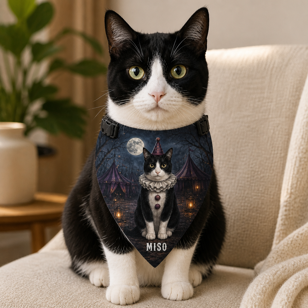 Custom Halloween Pet Bandana from Photo – Personalized Cat Name Gothic Circus Scarf mockup-product-6a8687a152872f8de4cf9df2.png
