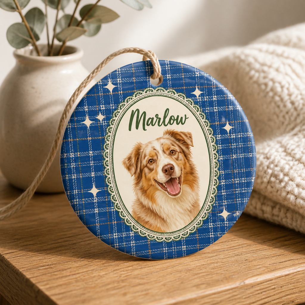 Custom Pet Photo Ceramic Ornament with Name – Personalized Plaid Dog Christmas Gift mockup-product-6a86d08acdaf8b912e079ad2.png