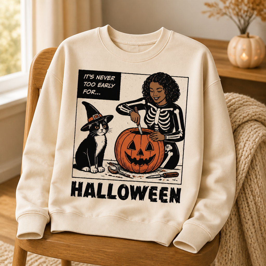 Retro Halloween Cat & Pumpkin Sweatshirt – It’s Never Too Early for Halloween Funny Spooky Sweater mockup-product-6a871182eb608cf4321af472.png