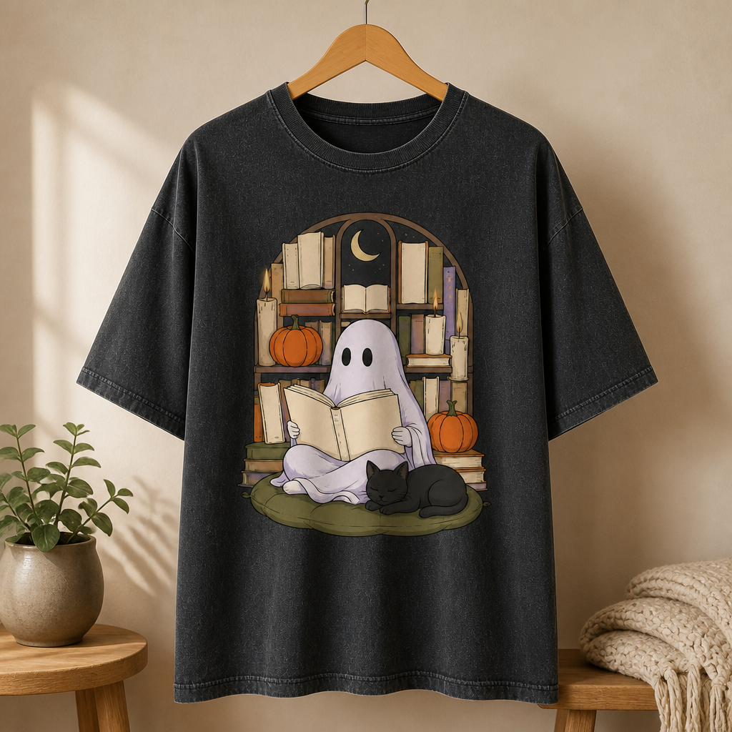 Booked for the Afterlife Ghost Reading Shirt – Spooky Bookish Halloween Tee for Librarians, Teachers & Readers mockup-product-6a8711e3eb608cf4321af473.png
