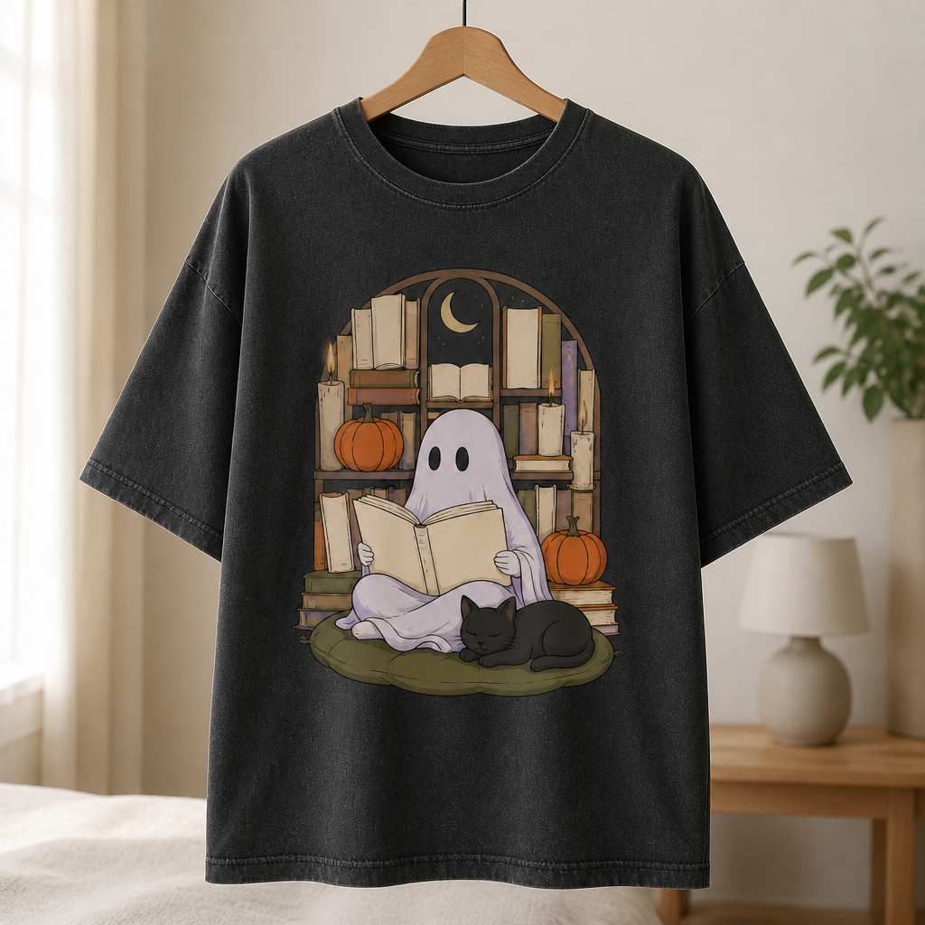 Booked for the Afterlife Ghost Reading Shirt – Spooky Bookish Halloween Tee for Librarians, Teachers & Readers mockup-product-6a87138ea44b4072fc2e05d6.png