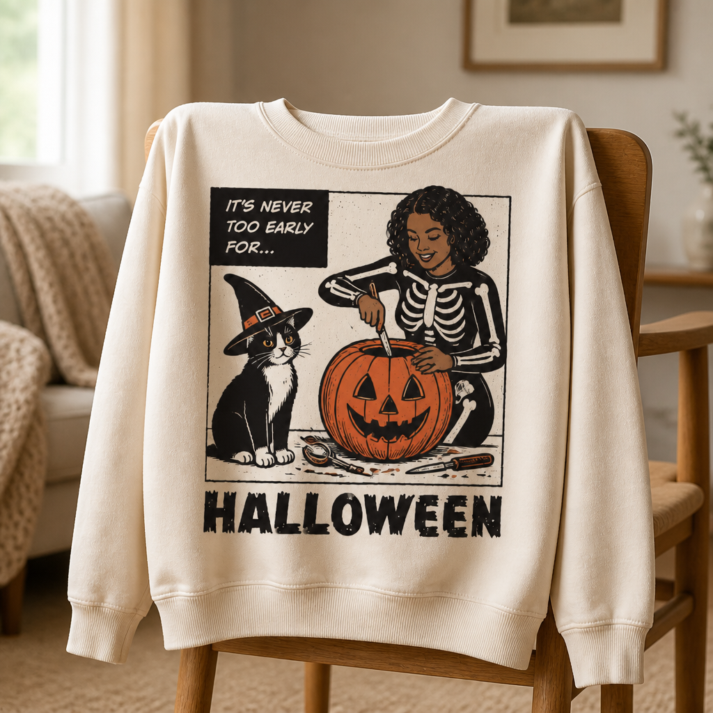 Retro Halloween Cat & Pumpkin Sweatshirt – It’s Never Too Early for Halloween Funny Spooky Sweater mockup-product-6a8713eea44b4072fc2e05d8.png