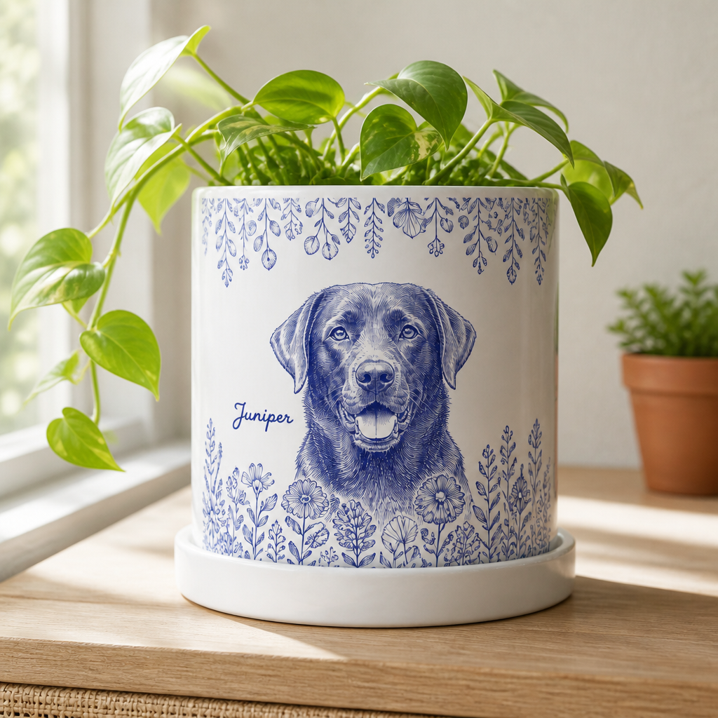 Custom Pet Portrait Plant Pot from Photo – Personalized Dog Name Ceramic Planter mockup-product-6a87b7a69b36ed8539d733be.png
