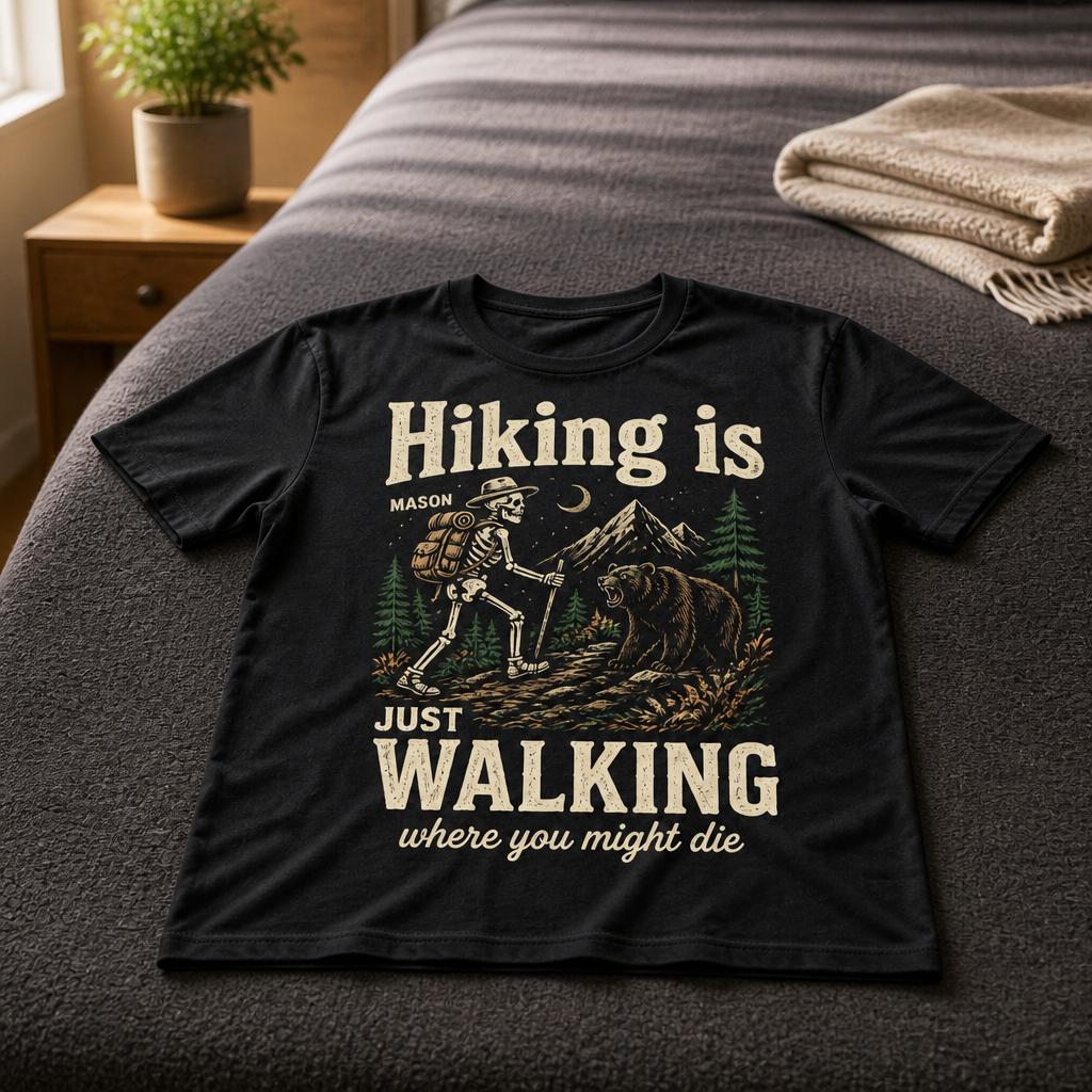Personalized Hiking Is Just Walking T-Shirt – Funny Skeleton Hiker & Bear Graphic Tee, Custom Name Halloween Gift for Hikers, Campers & Outdoor Lovers mockup-product-6a8af61050d09705df3c6dc9.png