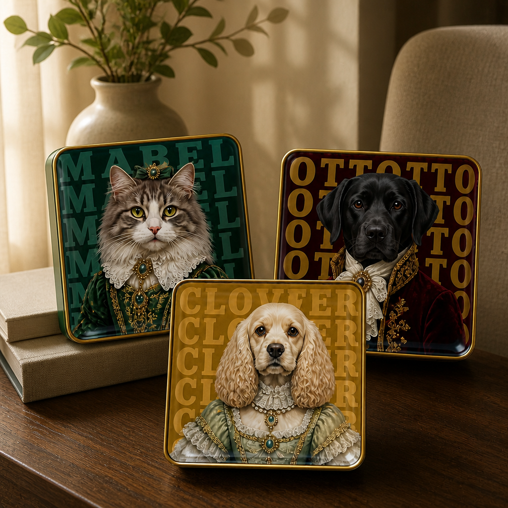 Custom Royal Pet Portrait Coaster from Photo – Personalized Renaissance Dog & Cat Name Gift mockup-product-6a8d101c9b19c395055a5f43.png