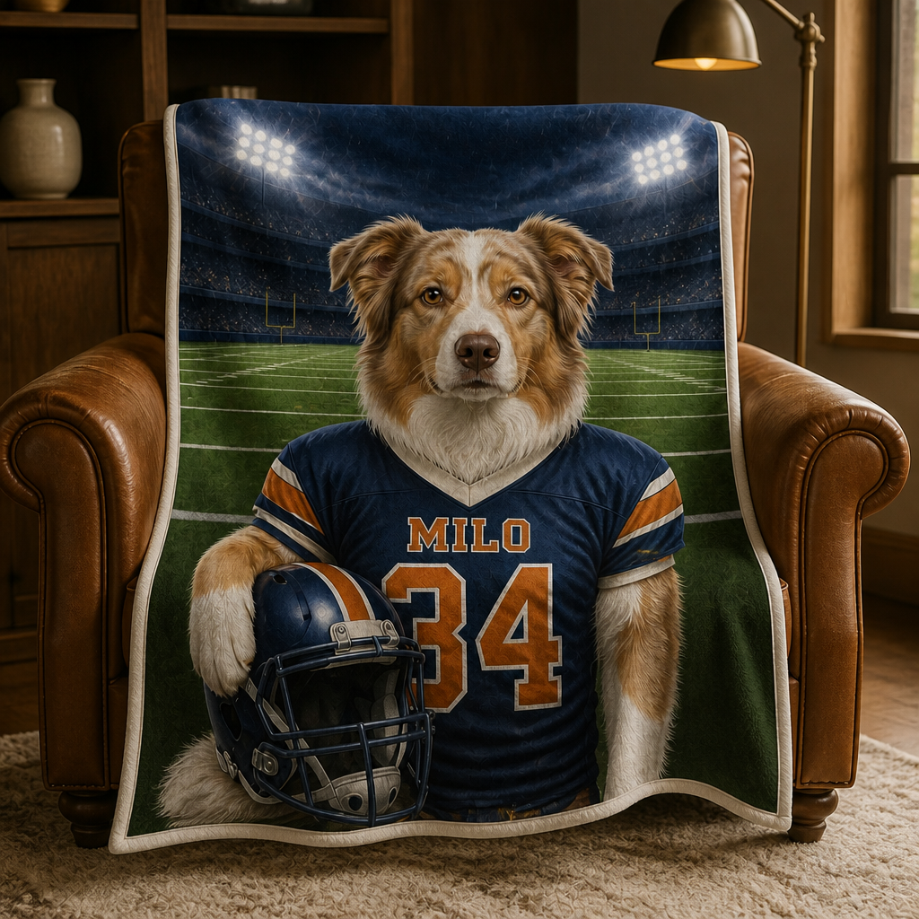Custom Football Pet Portrait Blanket from Photo – Personalized Dog Name & Number Jersey Gift mockup-product-6a8d103b9b19c395055a5f44.png