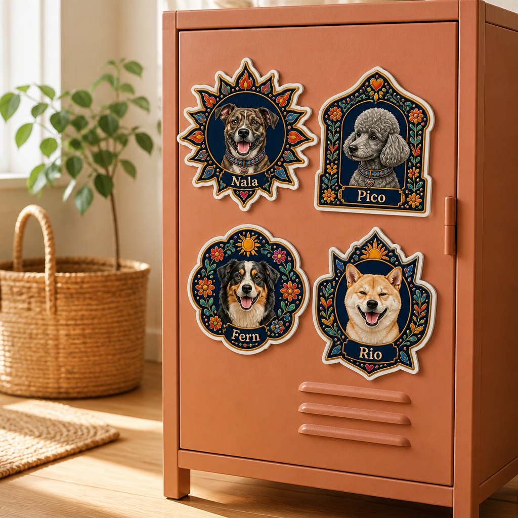 Custom Pet Photo Fridge Magnet with Name – Personalized Folk Art Dog Portrait Magnet mockup-product-6a8d47757f194cc130492811.png