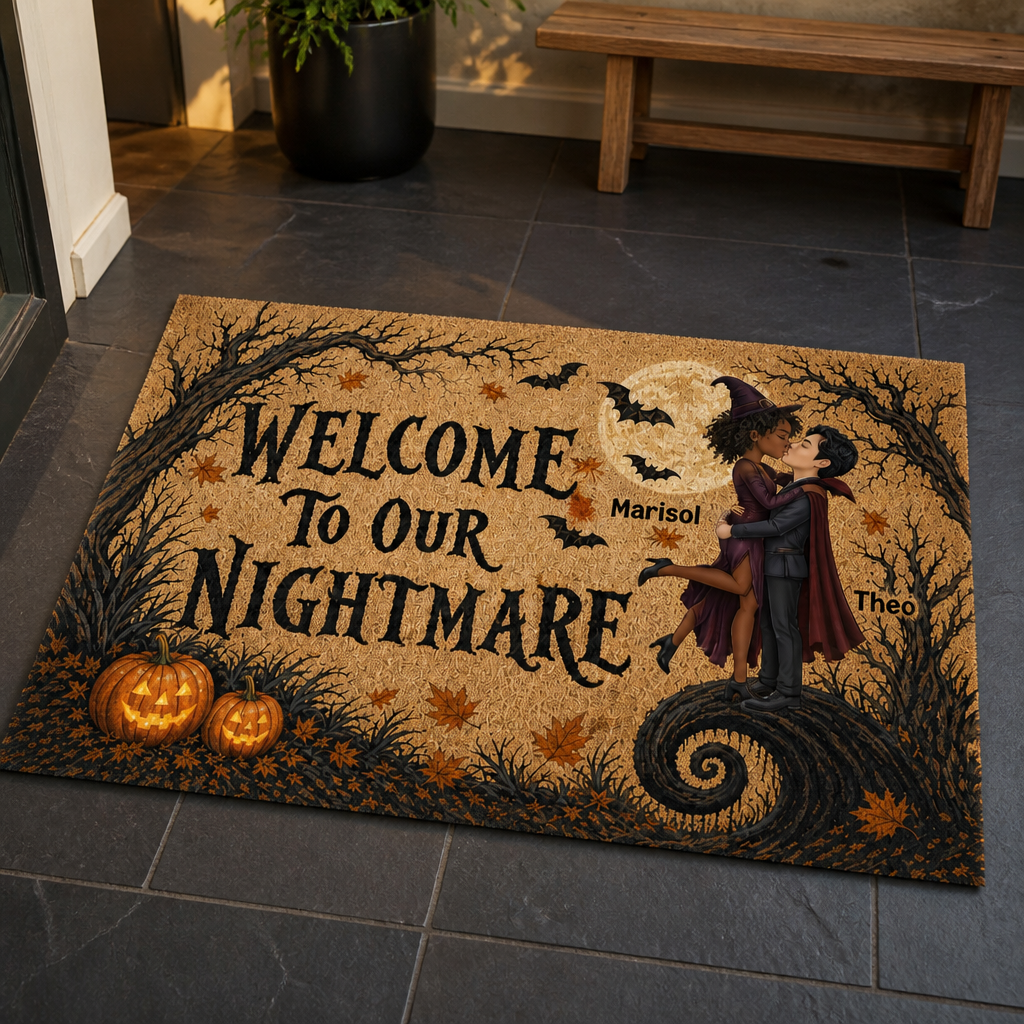 Welcome to Our Nightmare – Personalized Cartoon Style Photo Doormat – Halloween Gift For Couple mockup-product-6a8e445c6874ebd7ebdd70f1.png