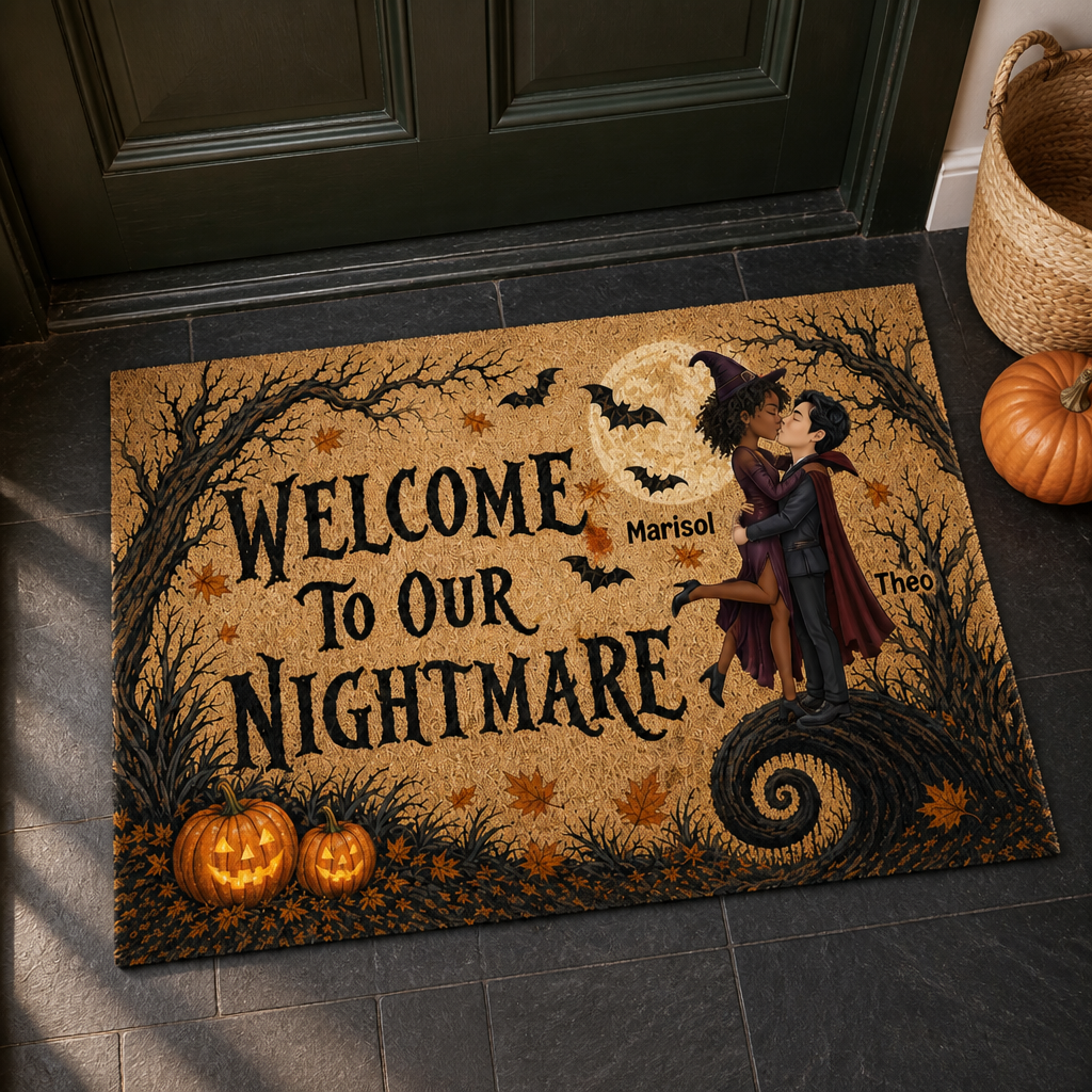 Welcome to Our Nightmare – Personalized Cartoon Style Photo Doormat – Halloween Gift For Couple mockup-product-6a8e4782b2f5398b2bb5a75e.png