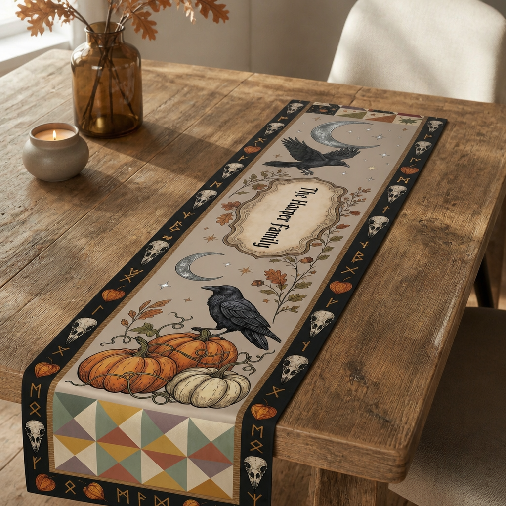 Harvest Moon Raven Personalized Table Runner – Custom Family Name Gothic Fall & Halloween Dining Decor mockup-product-6a8e47adb2f5398b2bb5a760.png