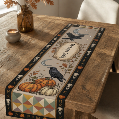 Harvest Moon Raven Personalized Table Runner – Custom Family Name Gothic Fall & Halloween Dining Decor mockup-product-6a8e47adb2f5398b2bb5a760.png