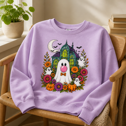 Boo & Bloom Bubblegum Ghost Sweatshirt – Colorful Haunted House Floral Halloween Sweater, Cute Spooky Season Gift for Her mockup-product-6a8e48b5b2f5398b2bb5a762.png