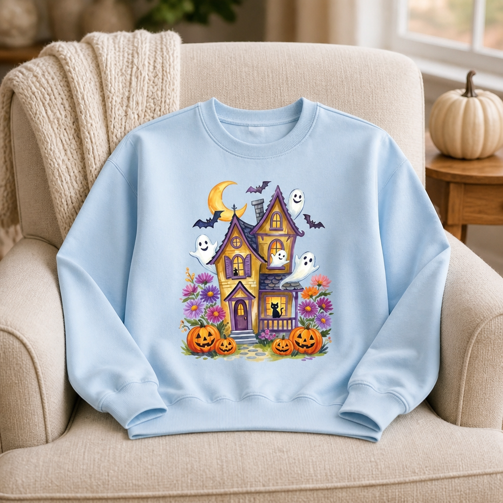 Ghosts in Bloom Haunted House Sweatshirt – Cute Halloween Gift for Her mockup-product-6a8e4b1efa19bf7517631fd9.png