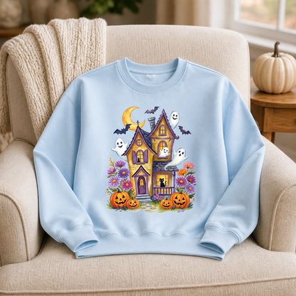 Ghosts in Bloom Haunted House Sweatshirt – Cute Halloween Gift for Her mockup-product-6a8e4b1efa19bf7517631fd9.png