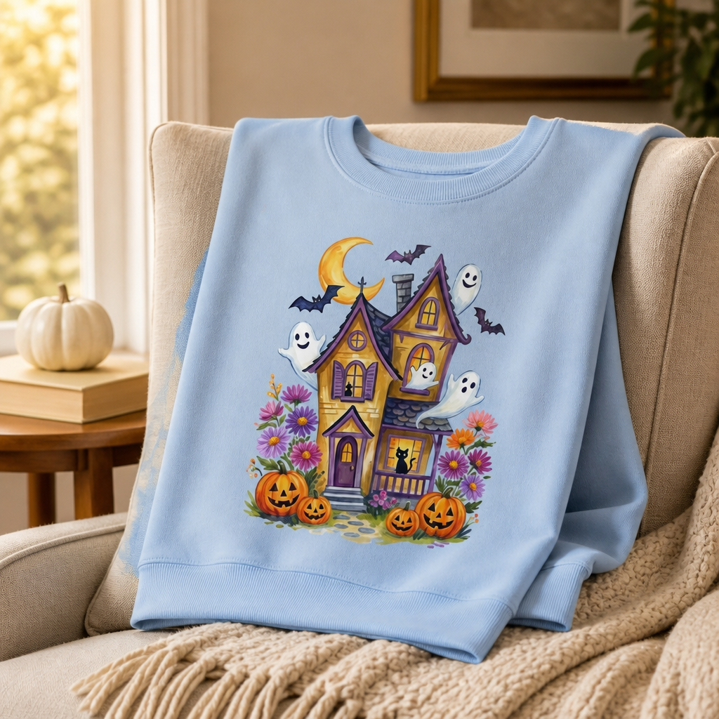 Ghosts in Bloom Haunted House Sweatshirt – Cute Halloween Gift for Her mockup-product-6a8e4c736874ebd7ebdd710b.png